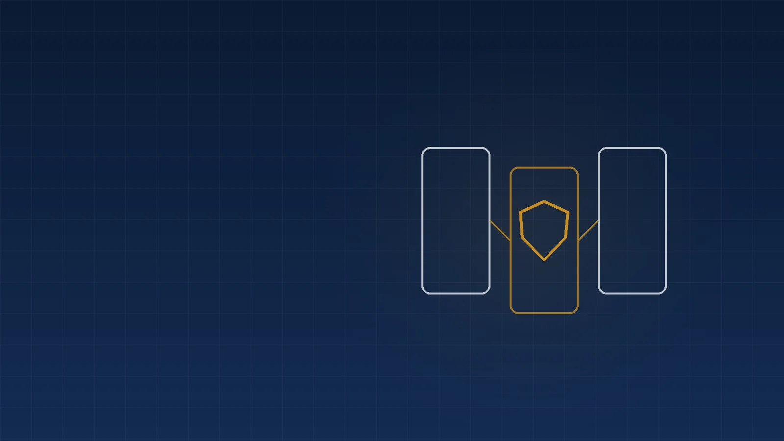 Three connected framework blocks with a shield