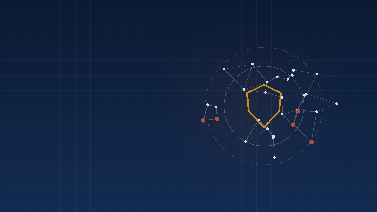 Network of connected points with flagged nodes around a shield